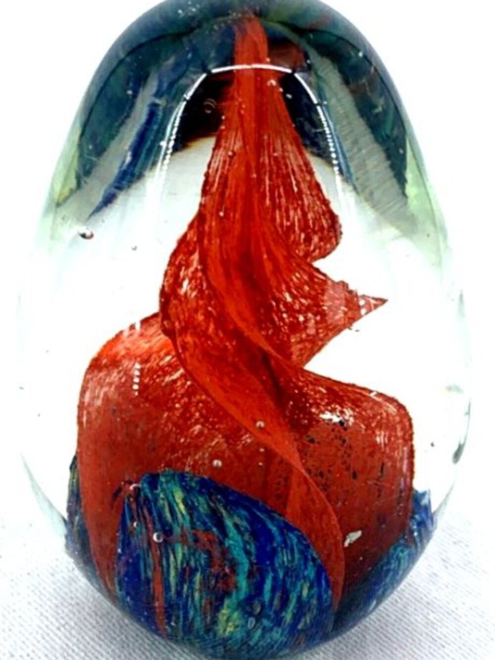 Art Glass Paperweight Egg Teardrop 3" Orange Swirl Hand Blown Vtg